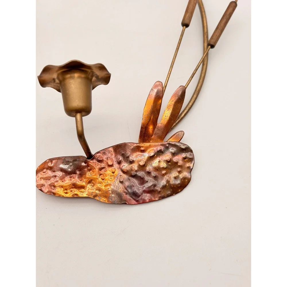 Vintage Brutalist Brass Copper Flying Geese Cattails Candle Holder Set Pair MCM